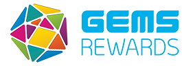 GEMS Rewards logo with colourful geometric design.